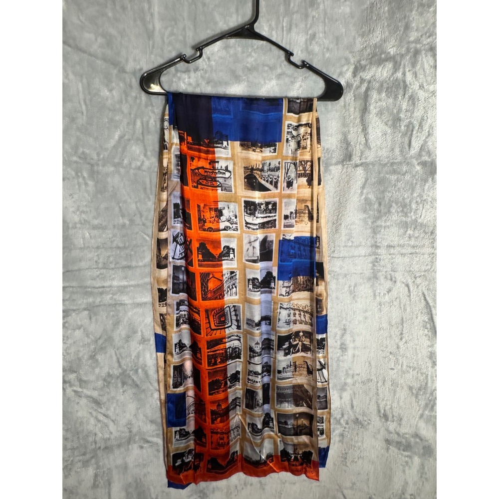 Vince Camuto Paris Photo Print Scarf Orange Blue Tan Rectangular Travel Theme